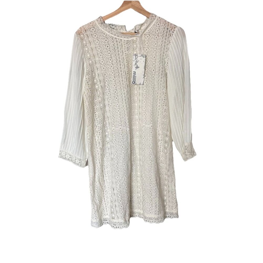Miilla‎ Cream Womens Babydoll Lace Mini Dress Long Sleeve Size M Romantic Sheer